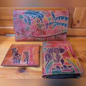Hand-Painted Leather Wallet Trio - Tropical Parrot, Elephant & Giraffe, NWOT